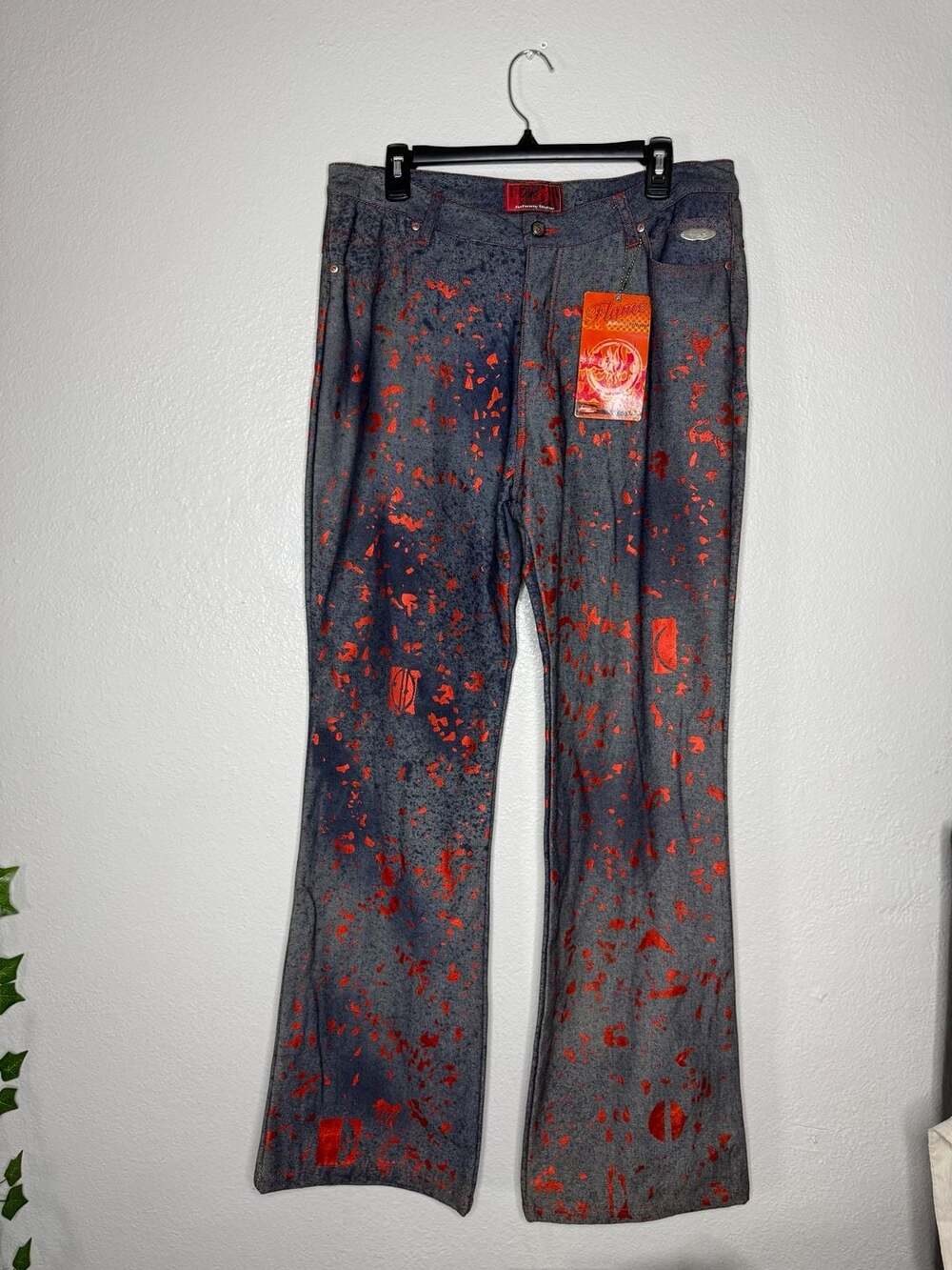 Johnny Blaze Flame Collection Red Metallic Paint Splatter Bootcut Denim Jeans